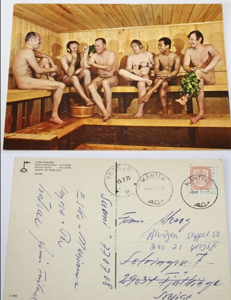 Vykort från Finland - bastubadande nakna män - 1973